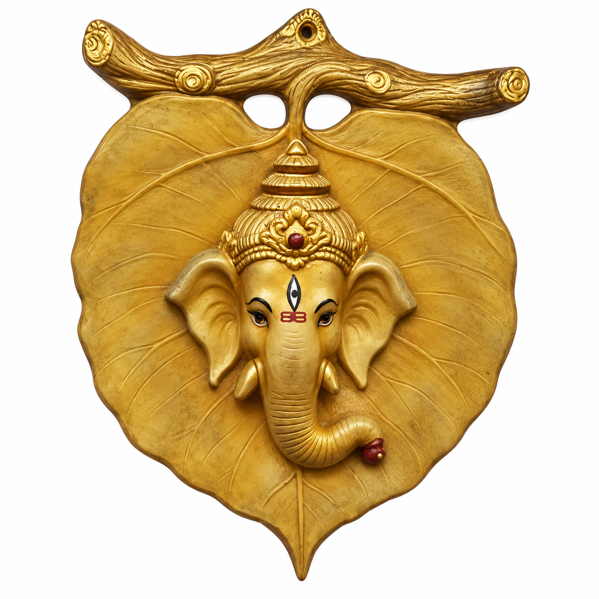 Antique Golden Ganesh Ji Decorative Wall Art | Hindu Pooja & Home Decor  Brass Lord Ganesha Face on Peepal Leaf Wall Hanging