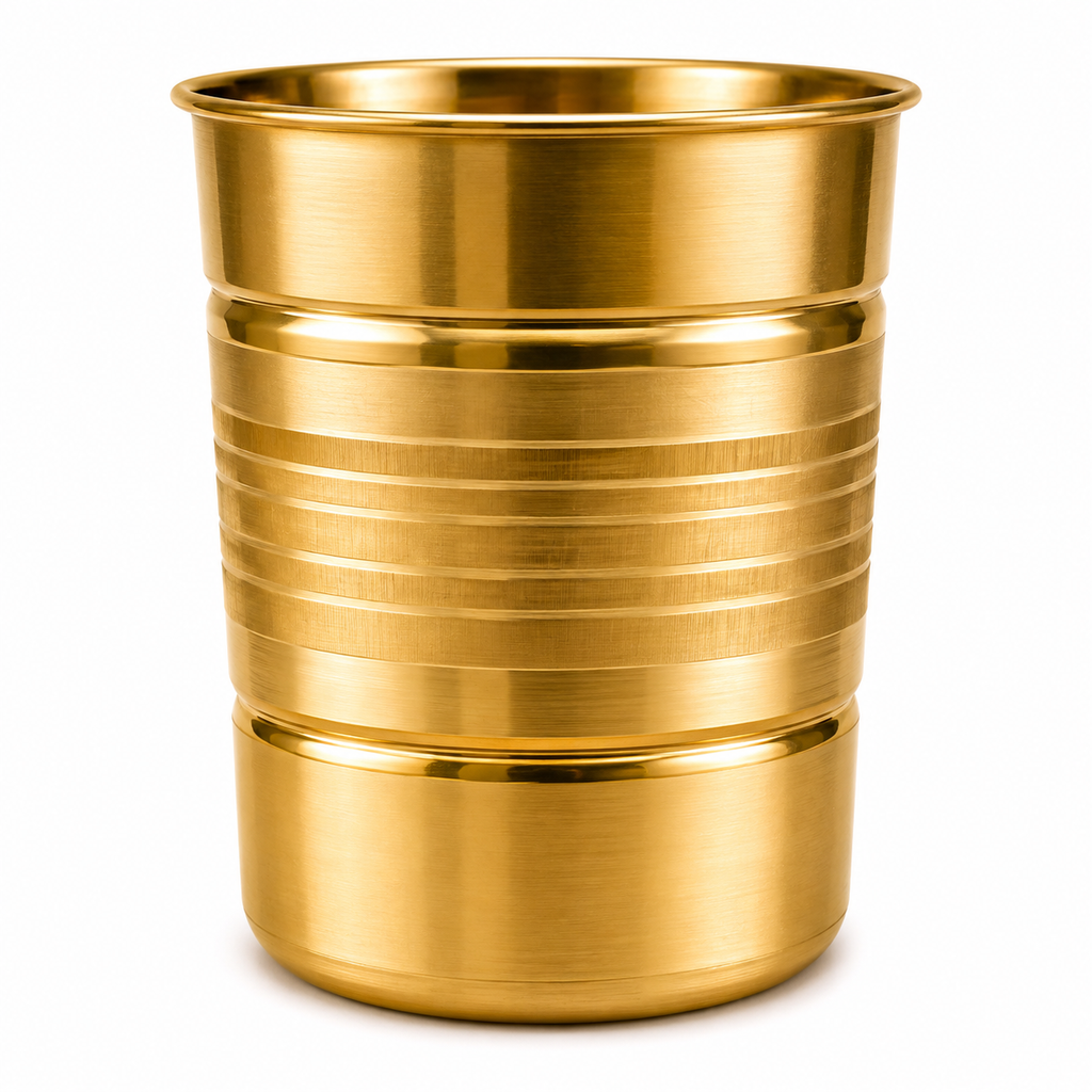 Premium Pure Brass Drinking Glass | Traditional Golden Brass Tumbler | Designer Ribbed Water Glass