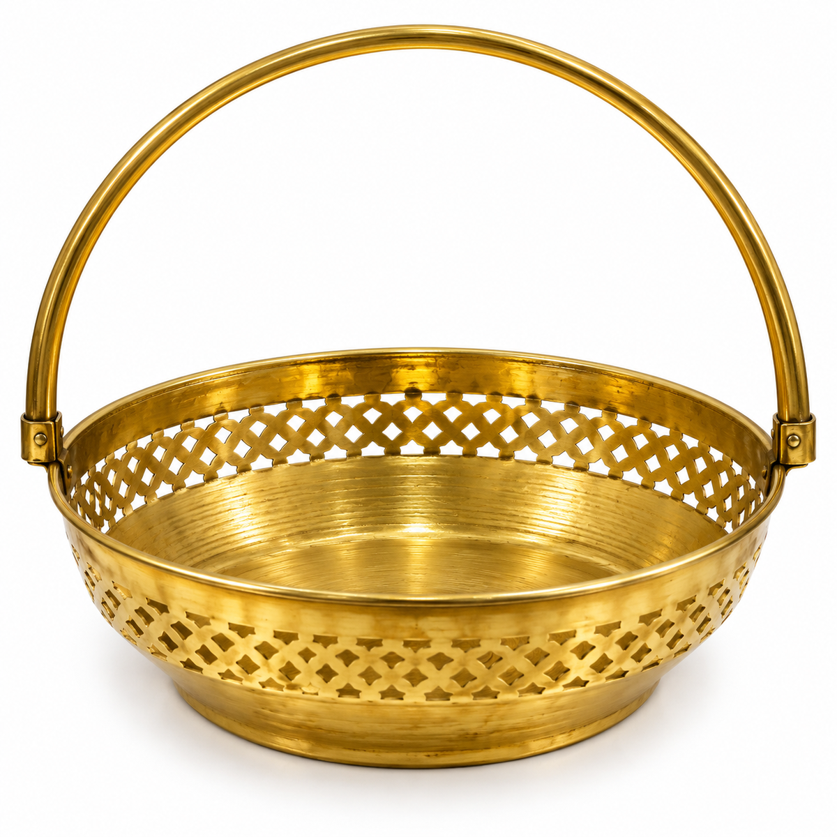 Handcrafted Brass Round Basket with Handle | Pooja & Fruit Basket