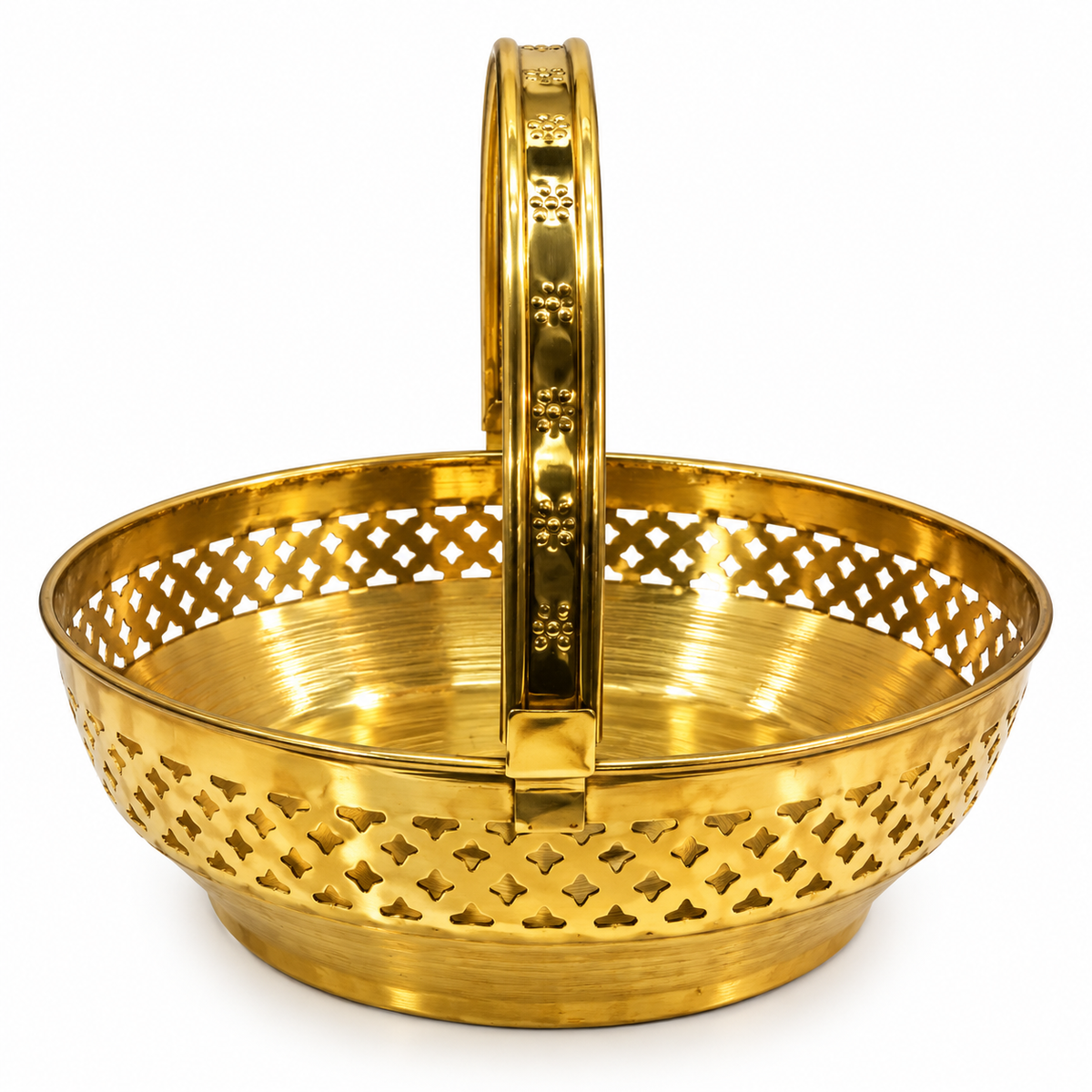Handcrafted Brass Round Basket with Handle | Pooja & Fruit Basket