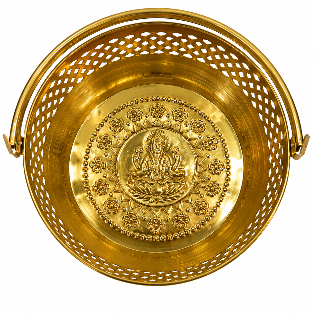 Handcrafted Brass Round Basket with Handle | Pooja & Fruit Basket