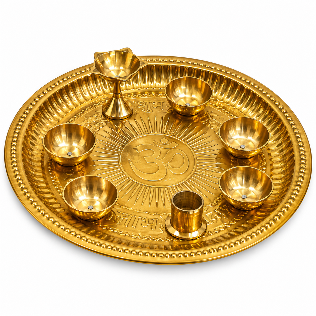Premium Brass Pooja Thali Set with 5 Diyas, Kalash & Pooja Cup