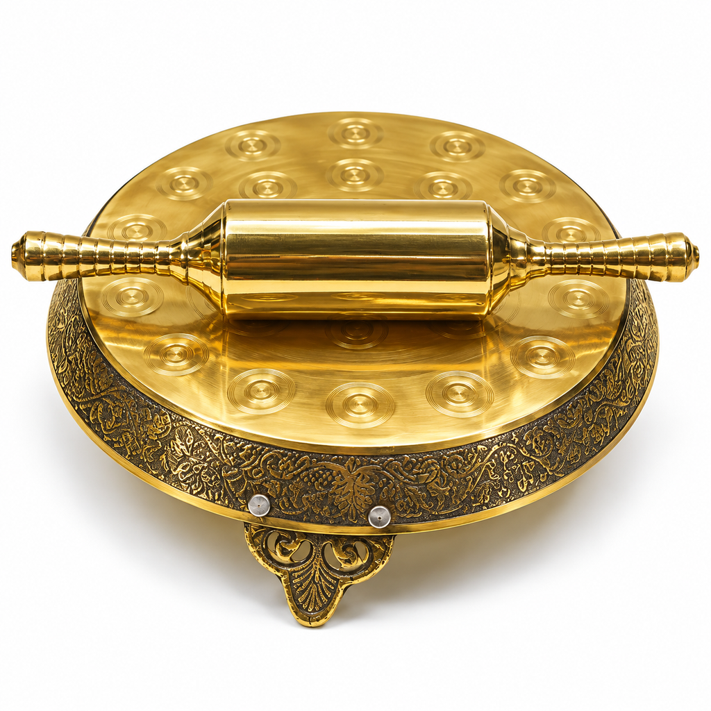 Premium Brass Chakla for Roti and Chapati | Pure Pital Rolling Board with Designer Carved Legs | Traditional Heavy Duty Kitchenware