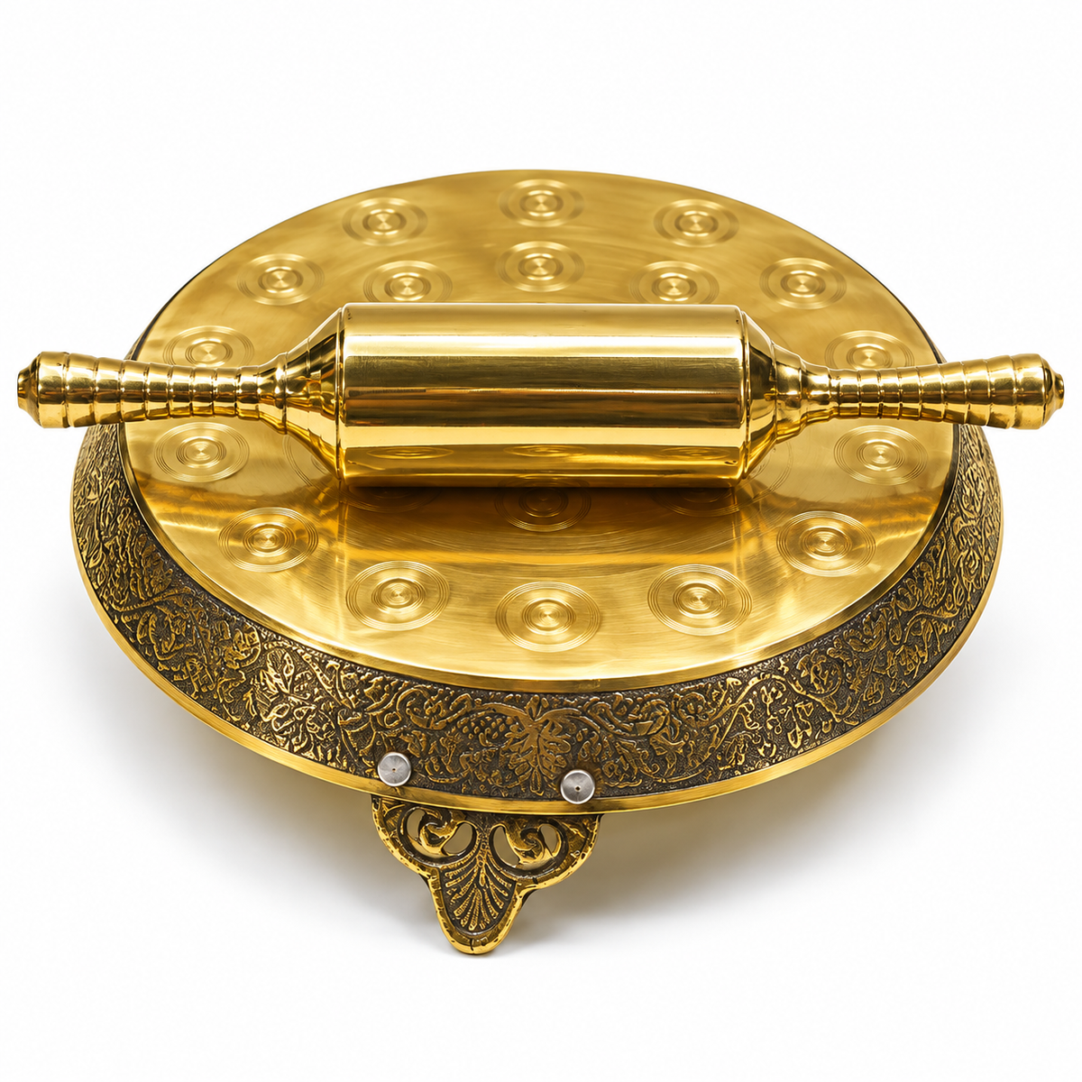 Premium Brass Chakla for Roti and Chapati | Pure Pital Rolling Board with Designer Carved Legs | Traditional Heavy Duty Kitchenware