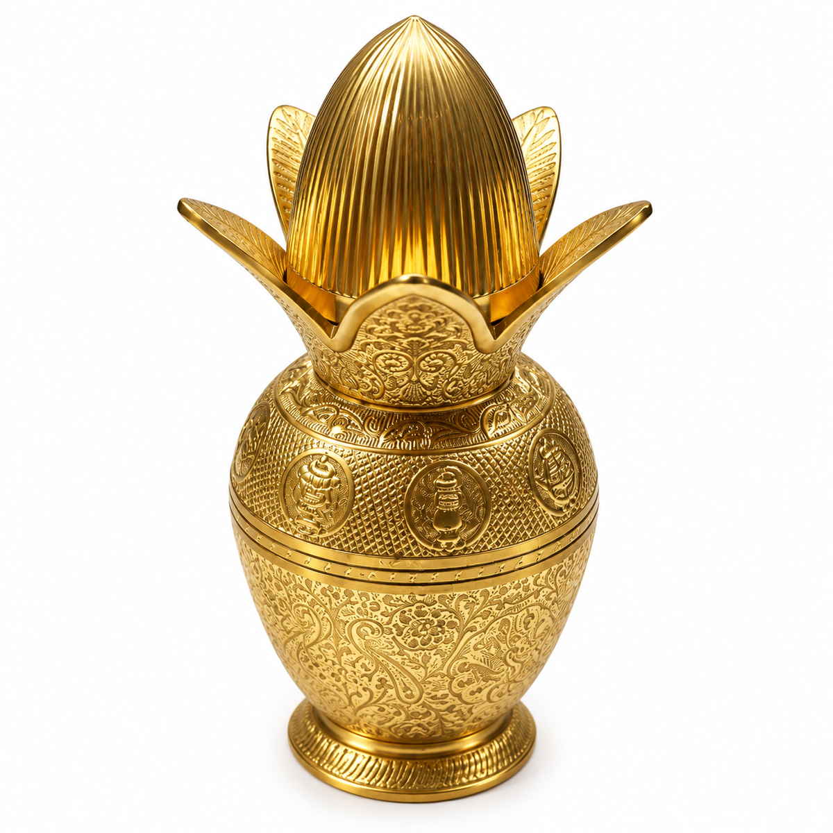 Pure Brass Handcrafted Mangal Kalash with Coconut & Mango Leaves - Intricately Carved Auspicious Pooja Lota for Home Temple, Festivals & Housewarming Gifting