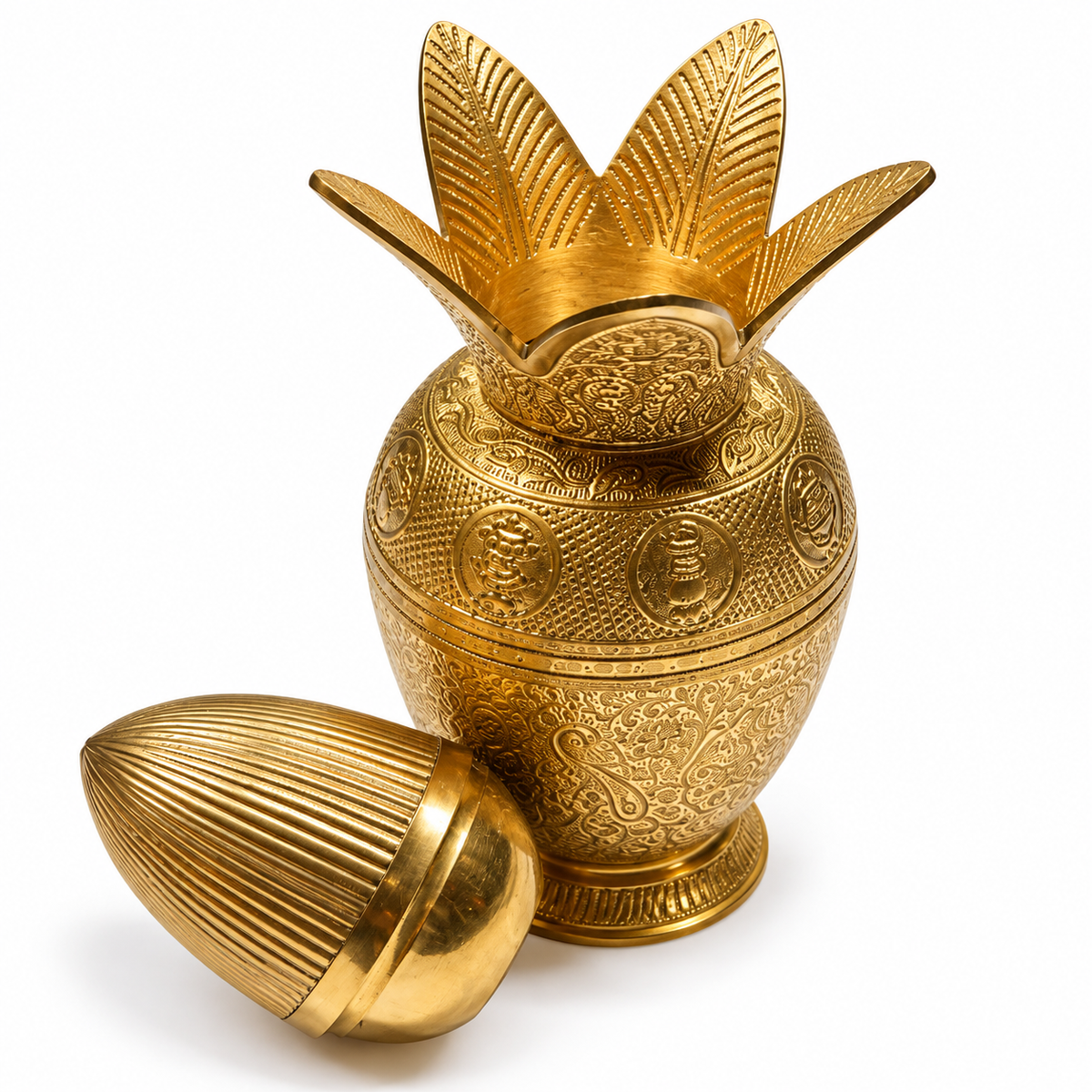 Pure Brass Handcrafted Mangal Kalash with Coconut & Mango Leaves - Intricately Carved Auspicious Pooja Lota for Home Temple, Festivals & Housewarming Gifting