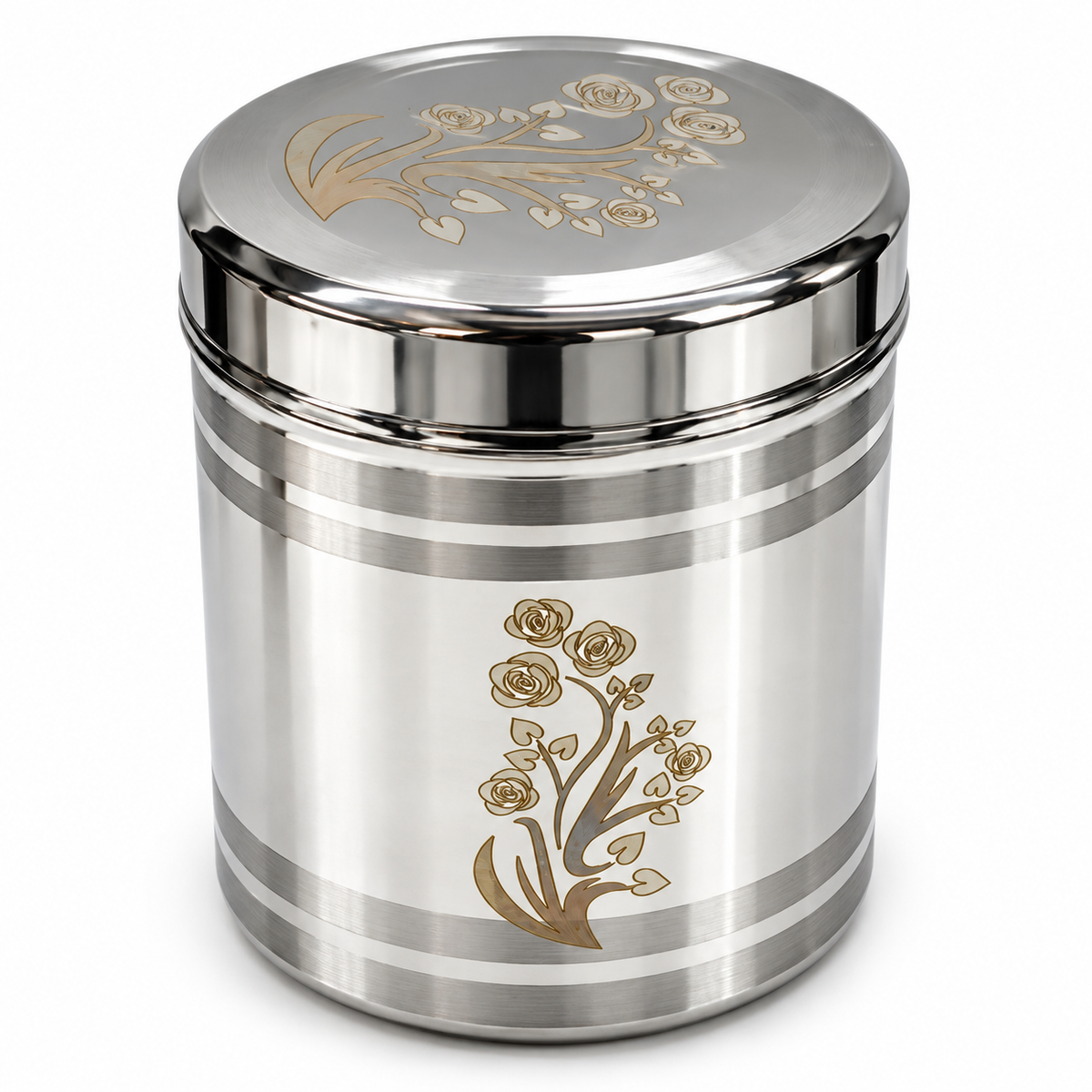 Luxury Stainless Steel Floral Laser-Engraved Kitchen Canister (Silver) - Designer Airtight Dabba with Rose Motif for Gifting & Premium Storage