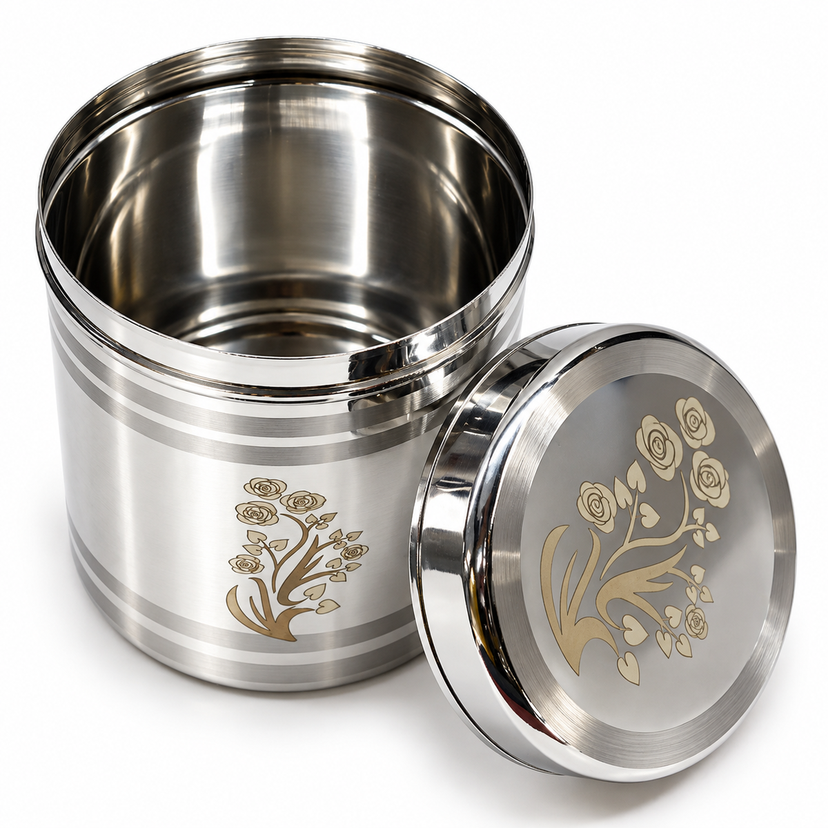 Luxury Stainless Steel Floral Laser-Engraved Kitchen Canister (Silver) - Designer Airtight Dabba with Rose Motif for Gifting & Premium Storage