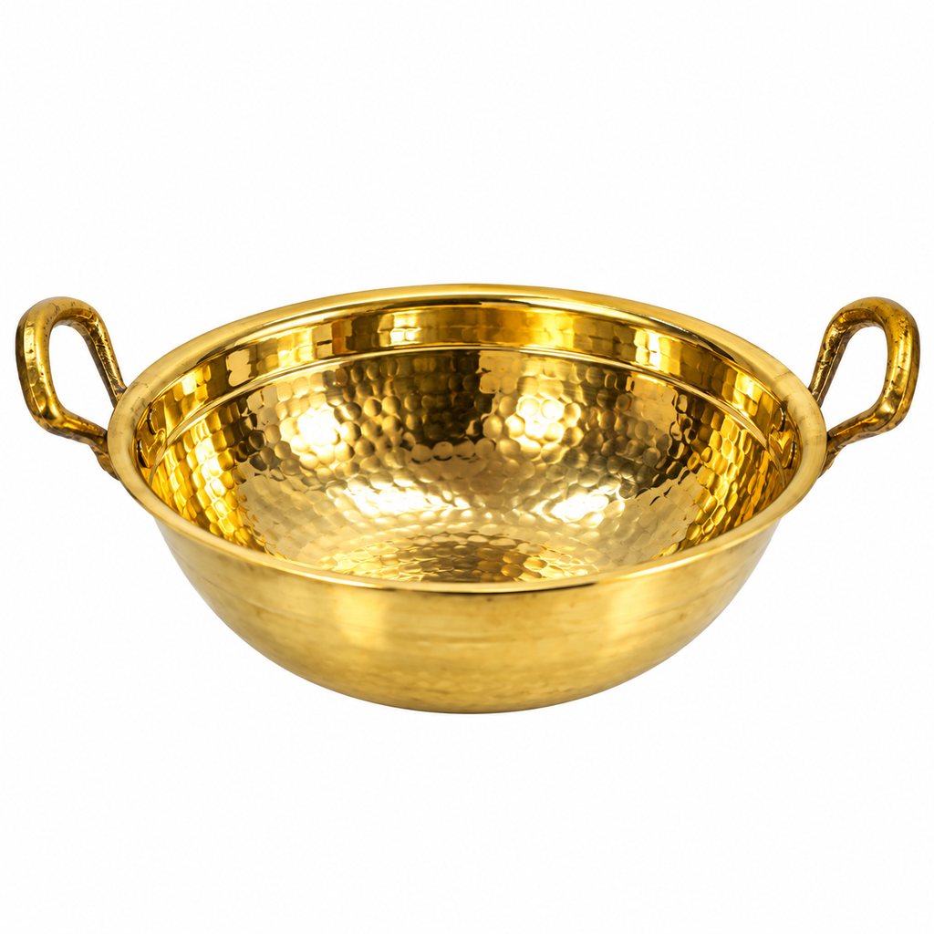 Handcrafted Hammered Brass Serving Kadhai with Dual Handles