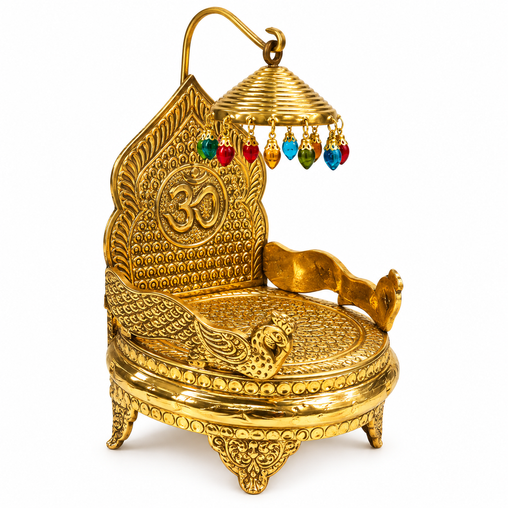 Handcrafted Brass Singhasan with Om Design | Premium Pooja Chowki for Laddu Gopal & Idols