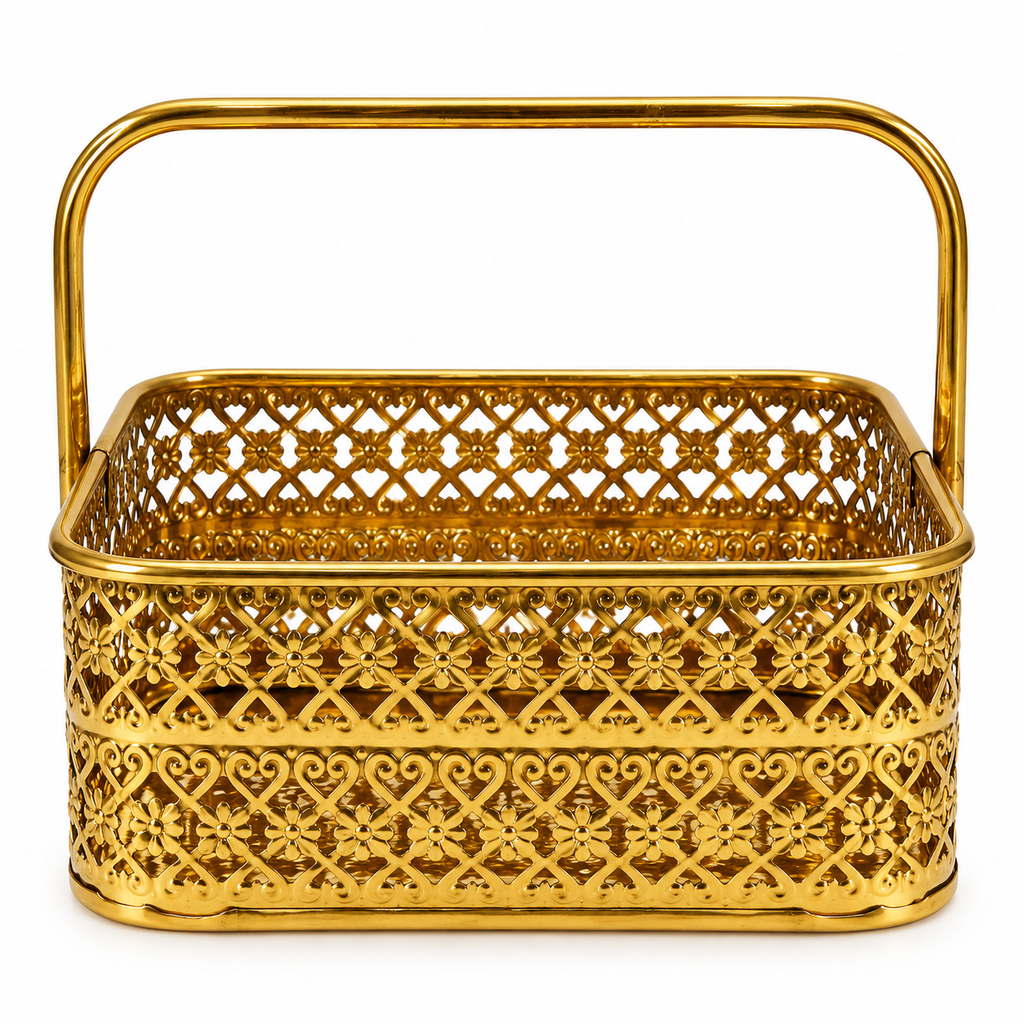 Handcrafted Rectangular Brass Basket with Handle | Premium Pooja & Gift Basket