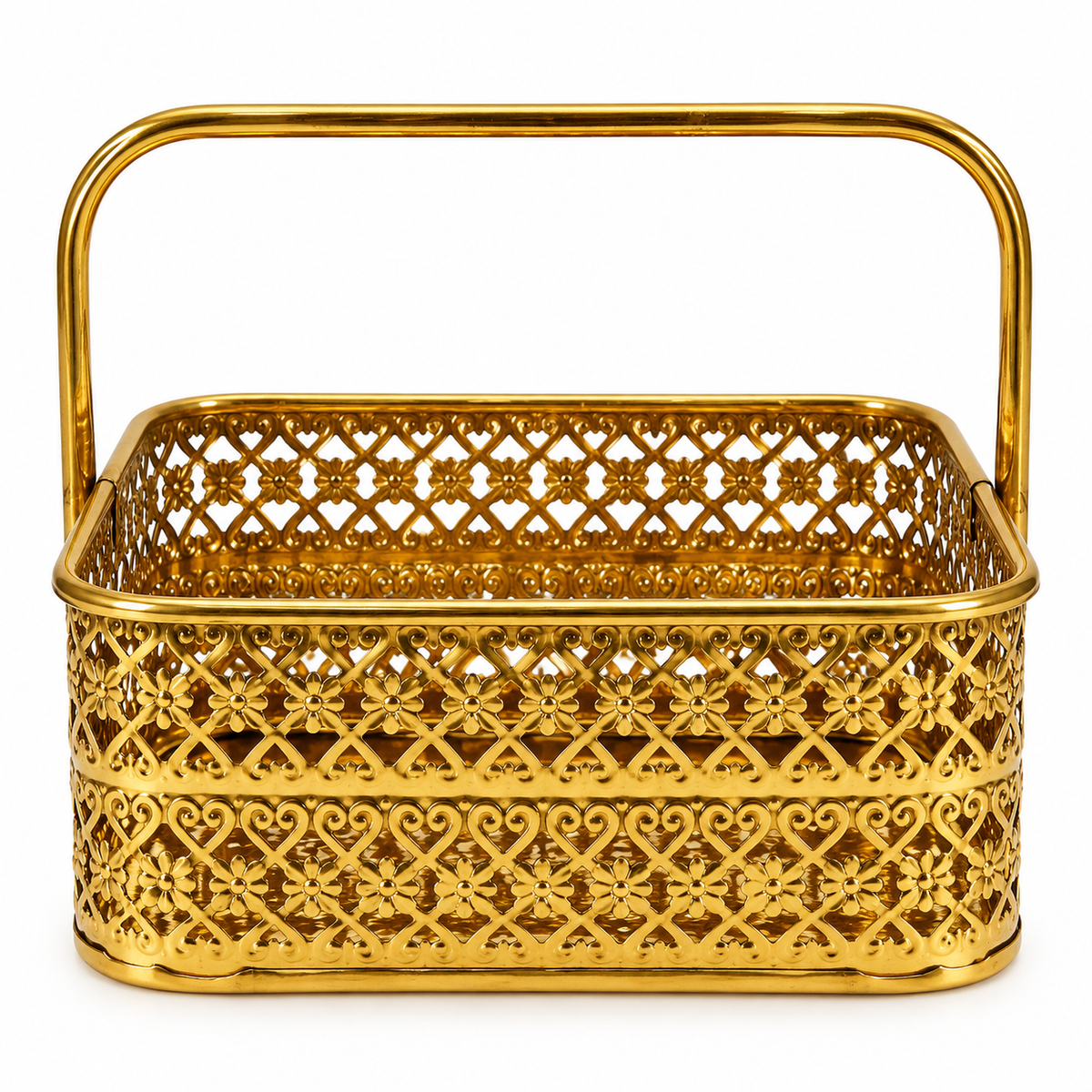 Handcrafted Rectangular Brass Basket with Handle | Premium Pooja & Gift Basket