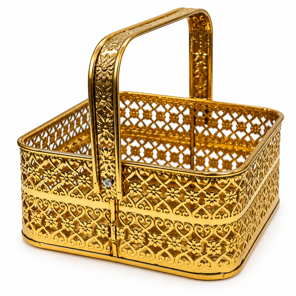 Handcrafted Rectangular Brass Basket with Handle | Premium Pooja & Gift Basket