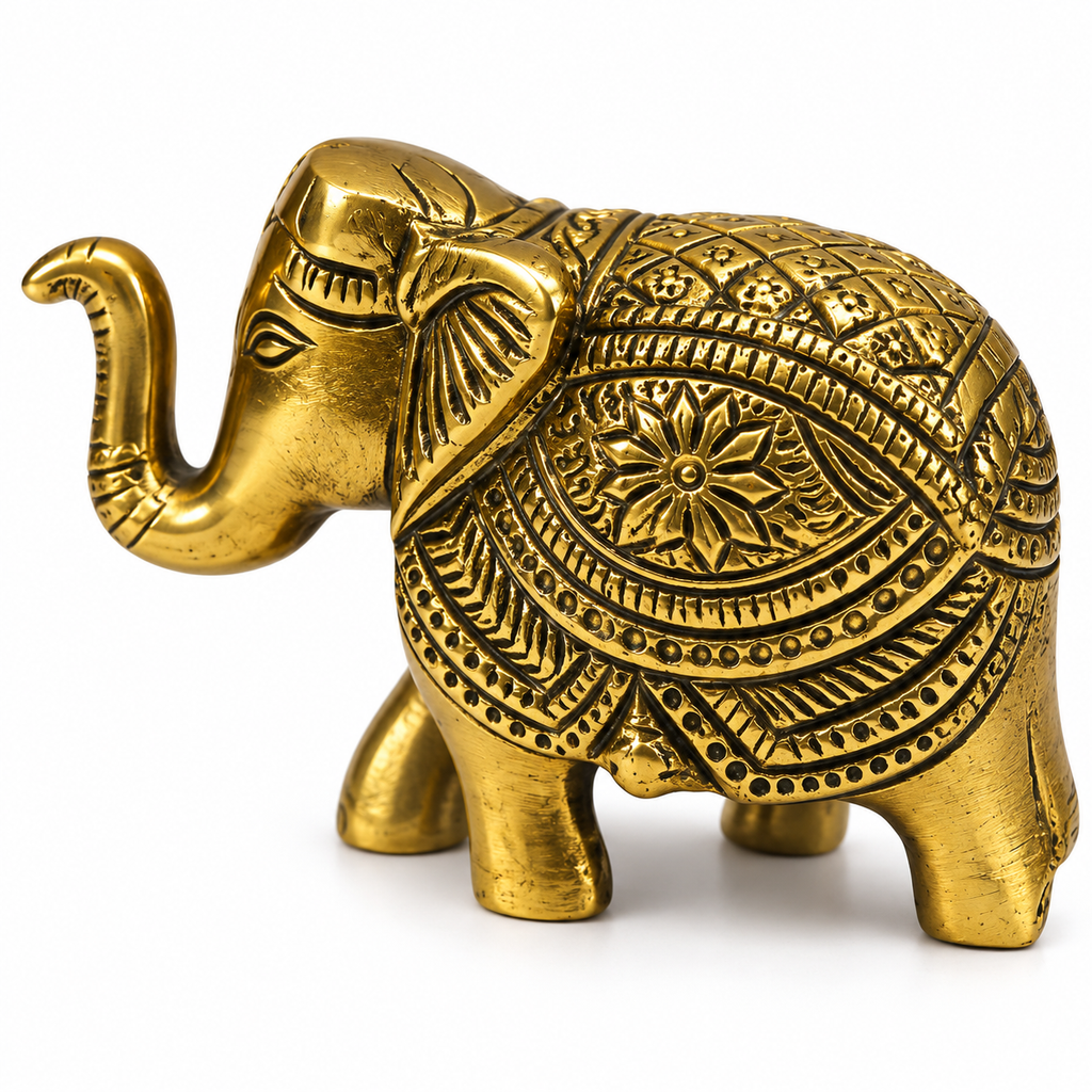 Handcrafted Antique Brass Elephant Idol / Royal Carved Trunk-Up Elephant Figurine