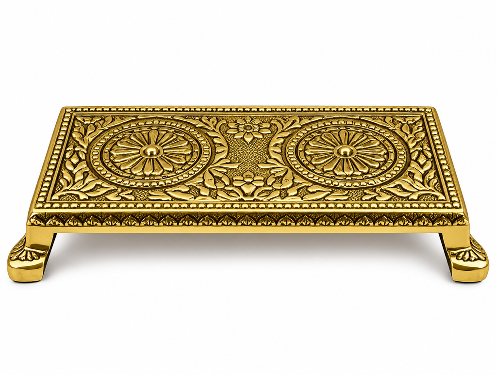 Antique Brass Pooja Chowki / Engraved Decorative Miniature Pedestal Stand