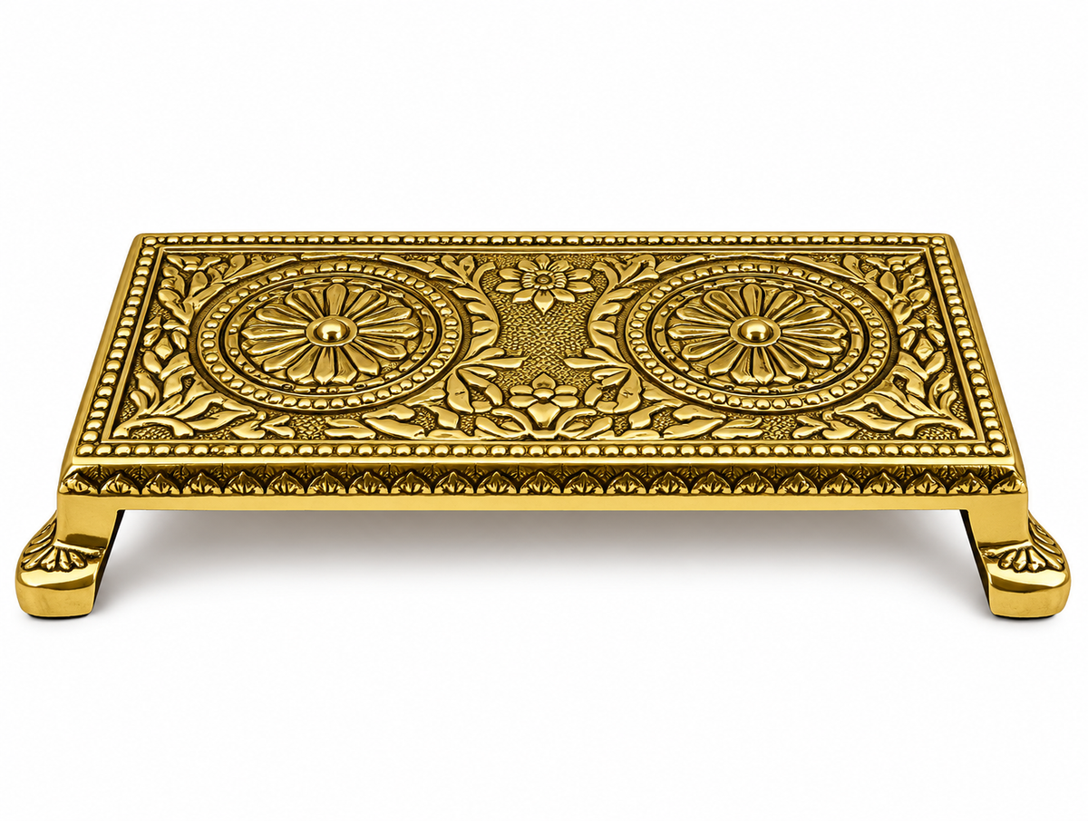 Antique Brass Pooja Chowki / Engraved Decorative Miniature Pedestal Stand