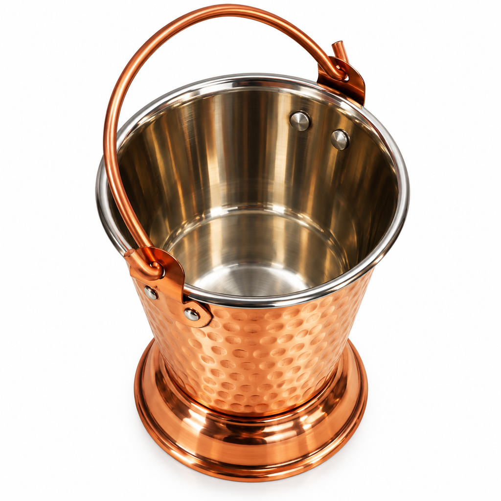 Premium Hammered Copper Serving Bucket with Stainless Steel Lining | Traditional Balti