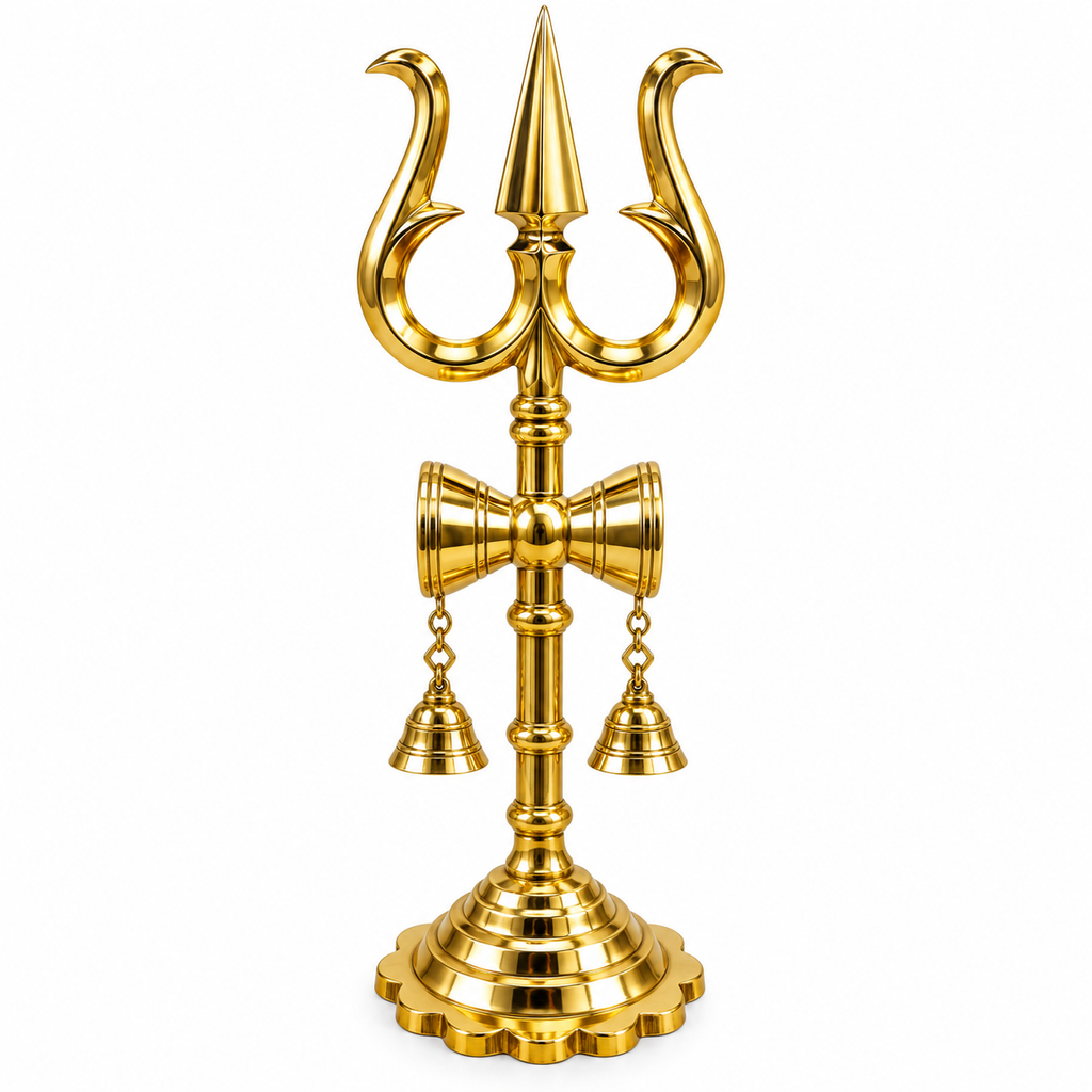 Brass Trishul with Damru & Bells | Lord Shiva Trishul Stand | Brass Pooja & Temple Decor