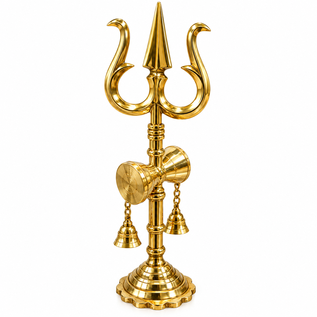 Brass Trishul with Damru & Bells | Lord Shiva Trishul Stand | Brass Pooja & Temple Decor