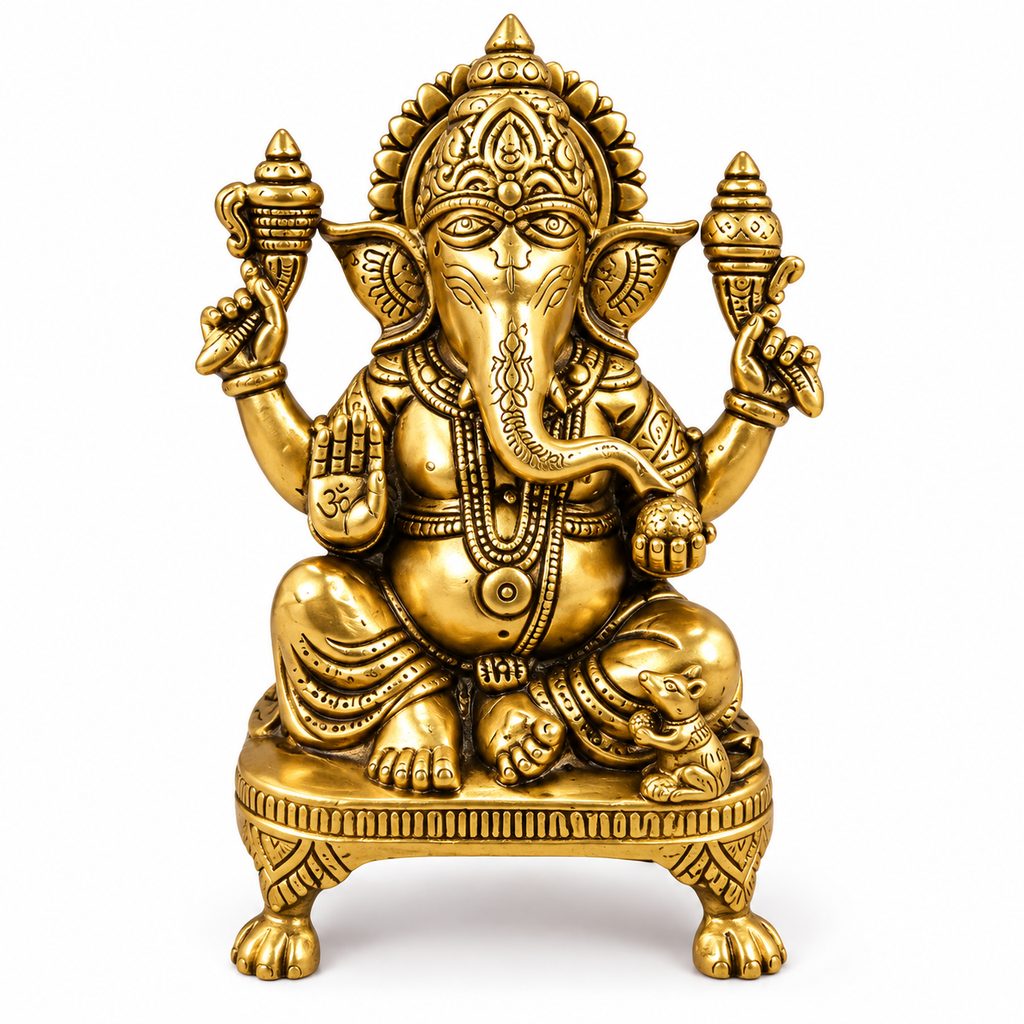 Gold Plated Lord Ganesha Idol on Singhasan | Antique Ganpati Murti for Pooja, Home Temple & Decor