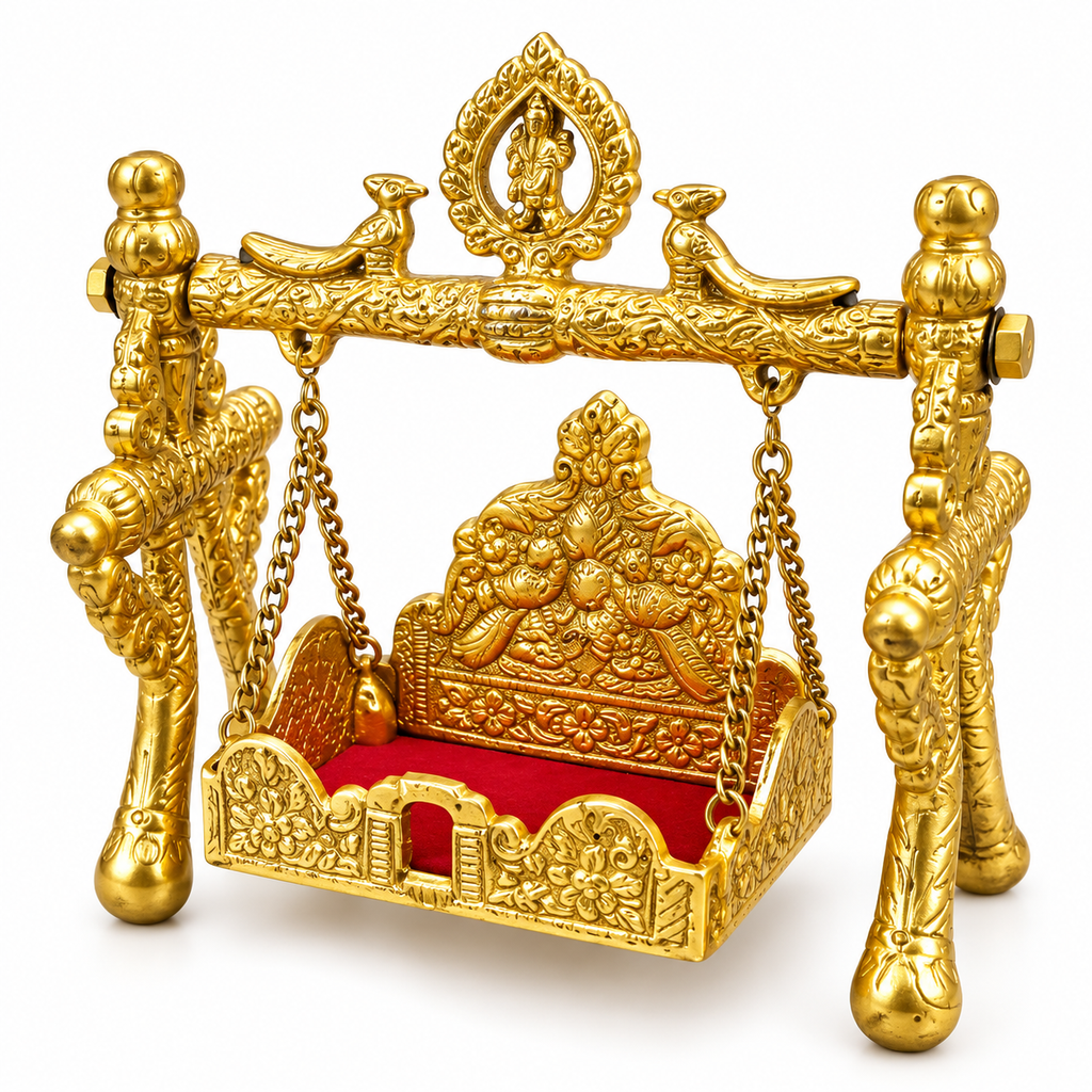 Designer Brass Laddu Gopal Jhula | Decorative Krishna Swing with Chain for Pooja & Home Temple