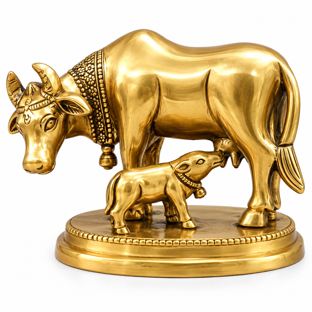 Brass Kamdhenu Cow with Calf Idol | Gau Mata Statue for Pooja, Home Temple & Gift