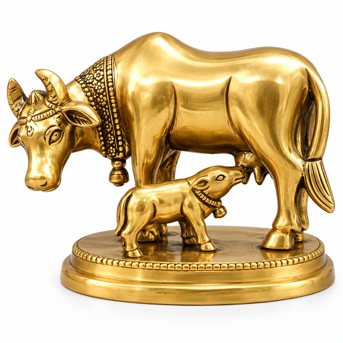 Brass Kamdhenu Cow with Calf Idol | Gau Mata Statue for Pooja, Home Temple & Gift