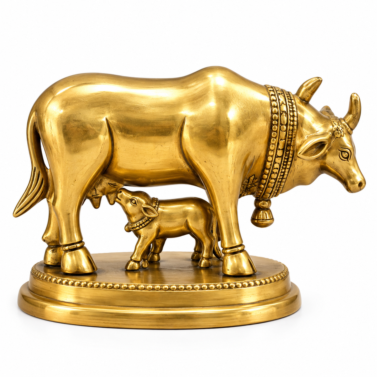 Brass Kamdhenu Cow with Calf Idol | Gau Mata Statue for Pooja, Home Temple & Gift