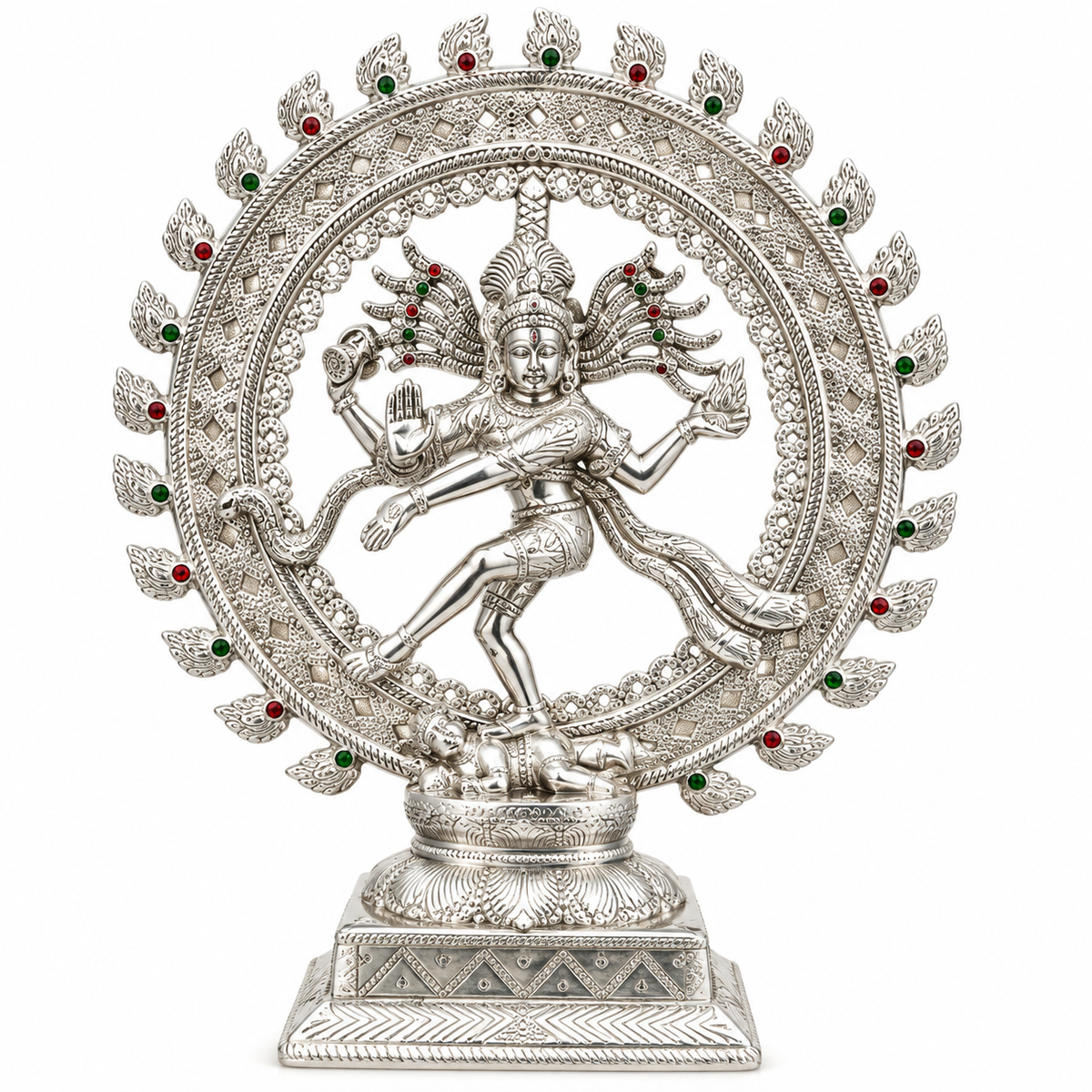 Silver Finish Nataraja Dancing Shiva Idol with Decorative Ring | Lord Shiva Statue for Home Temple & Décor