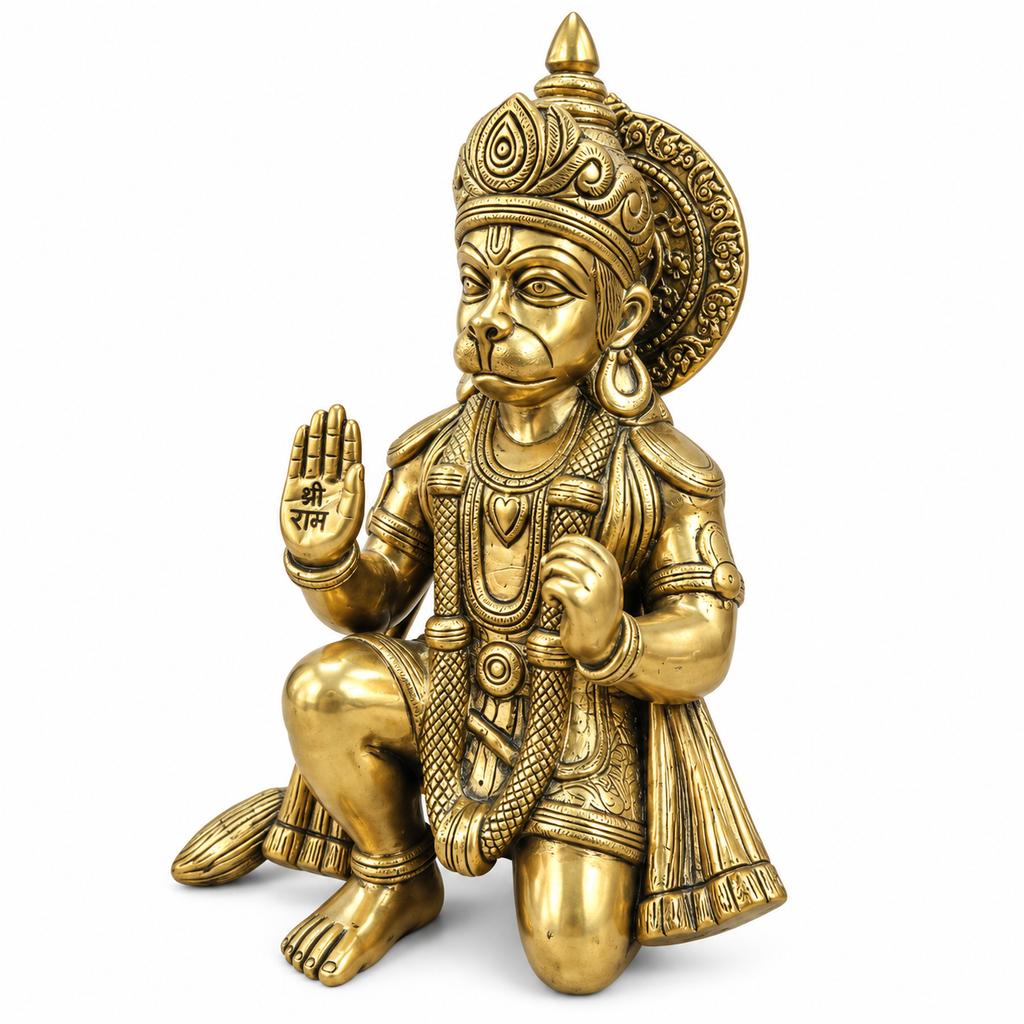 Brass Hanuman Ji Idol | Kneeling Bajrangbali Murti with Shri Ram Blessing Hand | Pooja & Home Temple Statue