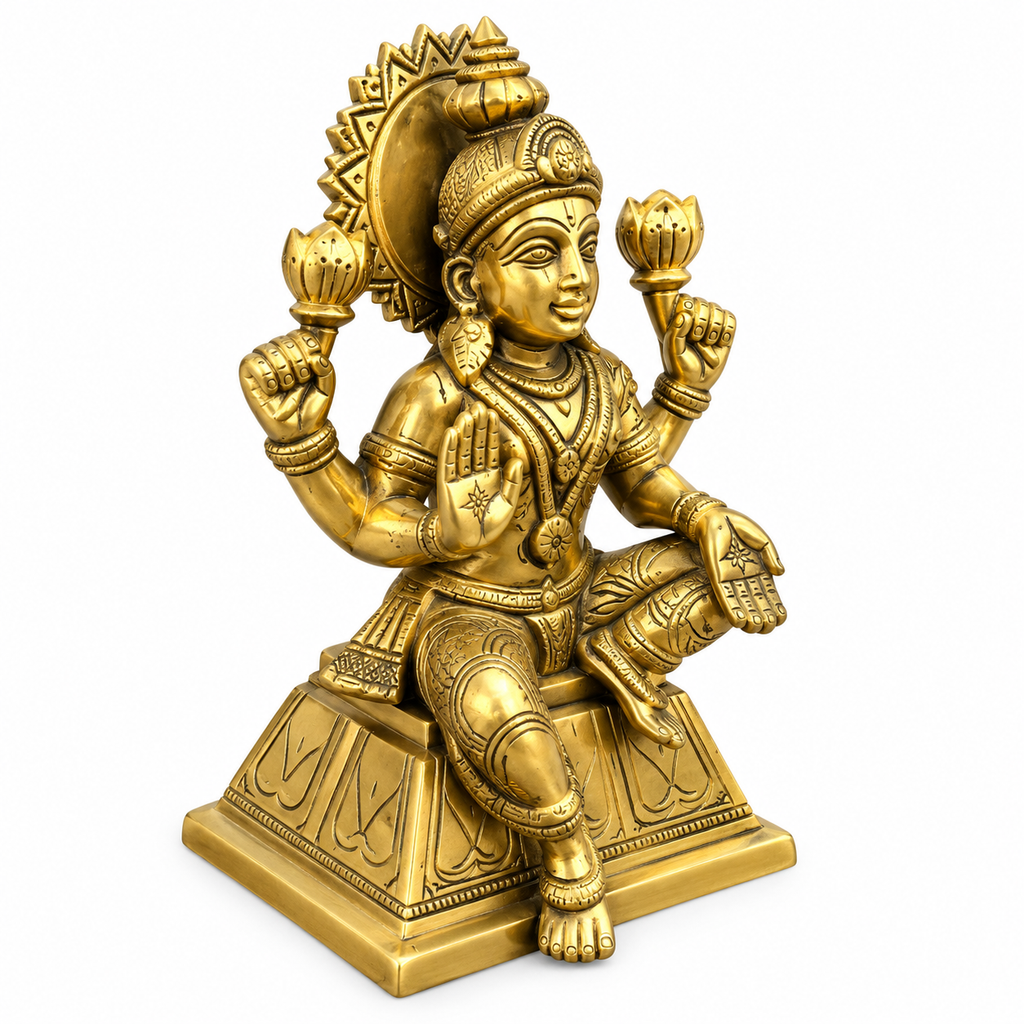 Brass Goddess Lakshmi Idol with Lotus | Antique Finish Laxmi Mata Murti for Home Temple, Pooja & Gifting