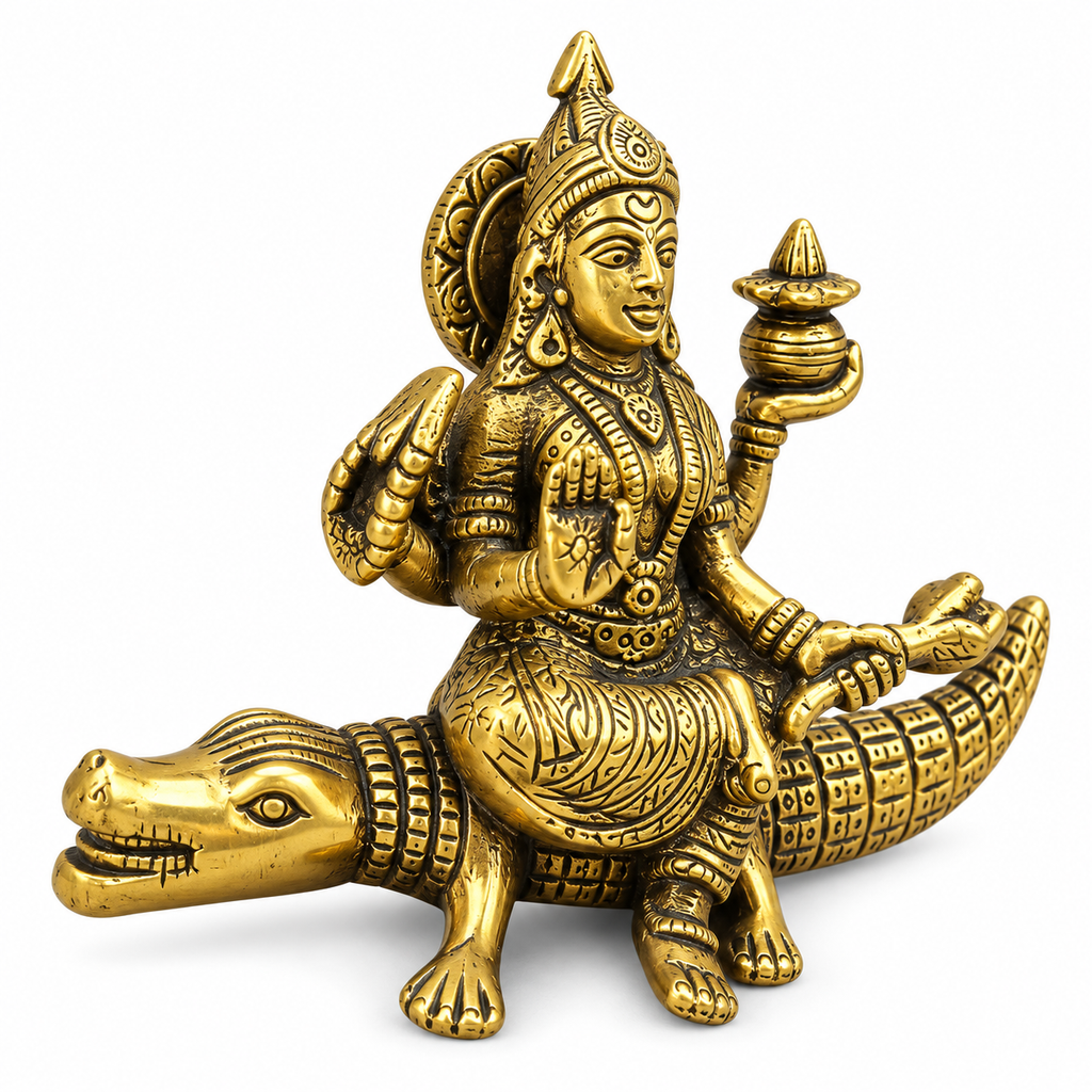 Brass Ganga Mata Idol on Makara | Antique Finish Goddess Ganga Murti for Pooja, Mandir & Home Décor