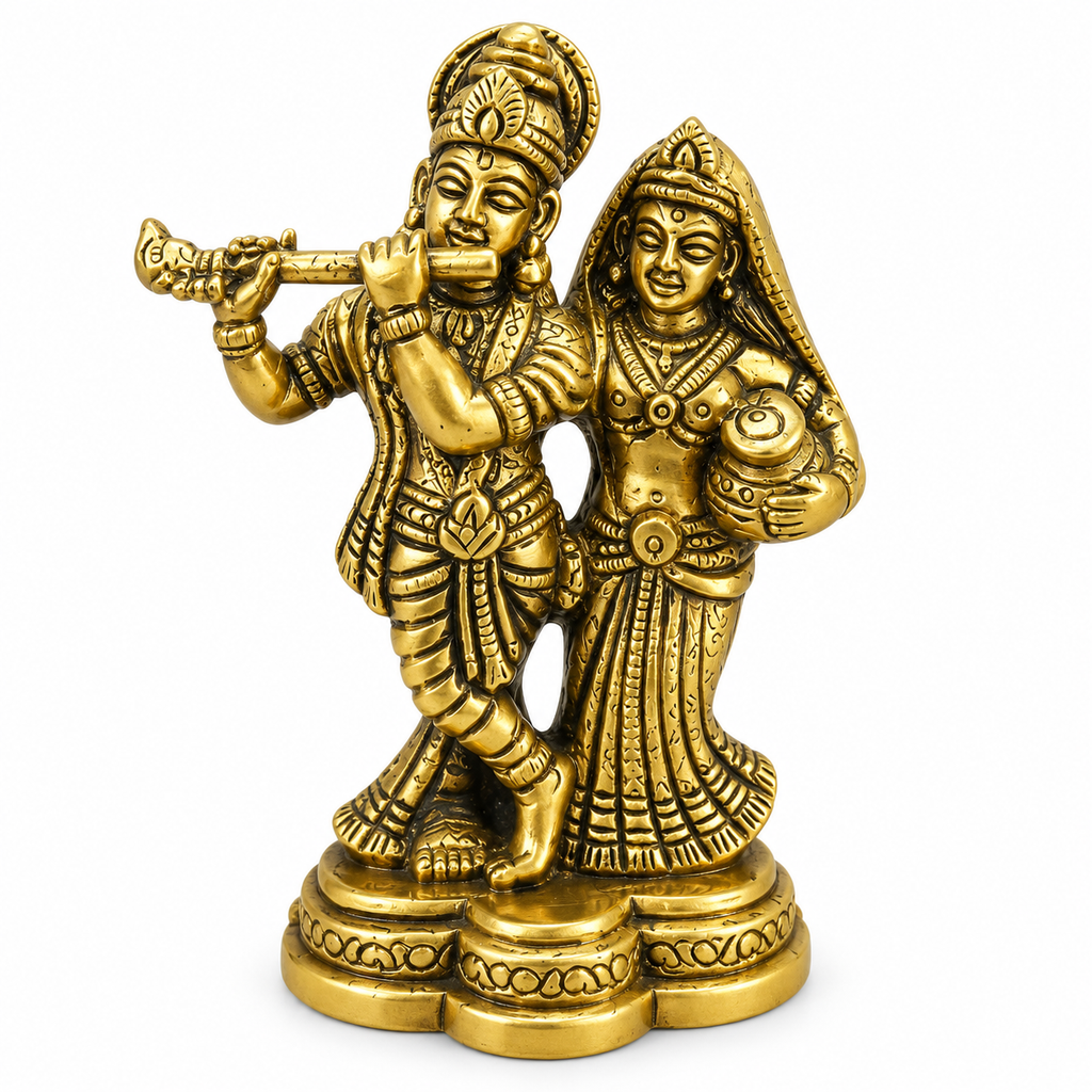 Brass Radha Krishna Idol with Flute | Antique Golden Radha Krishna Murti for Home Temple, Pooja & Gifting