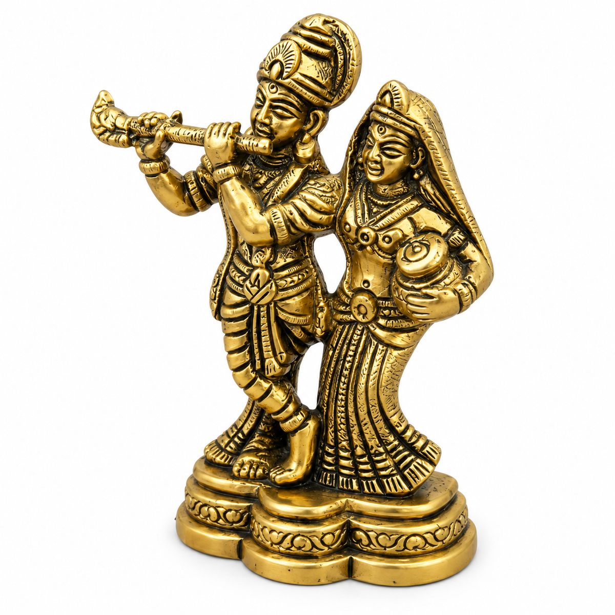 Brass Radha Krishna Idol with Flute | Antique Golden Radha Krishna Murti for Home Temple, Pooja & Gifting