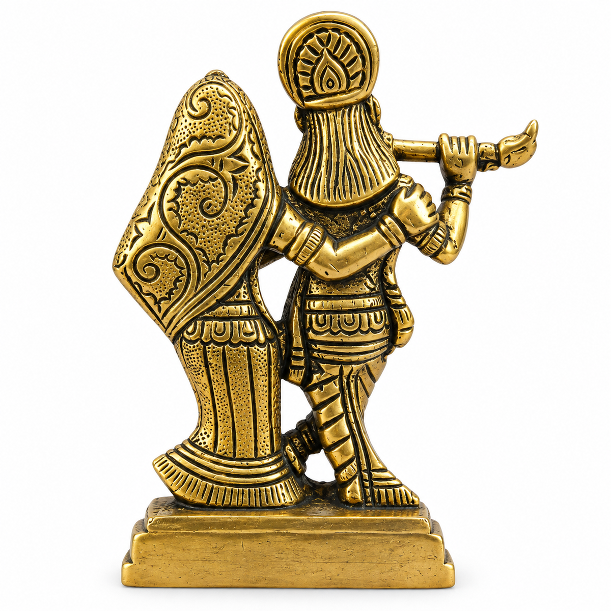 Brass Radha Krishna Idol with Flute | Antique Golden Radha Krishna Murti for Home Temple, Pooja & Gifting