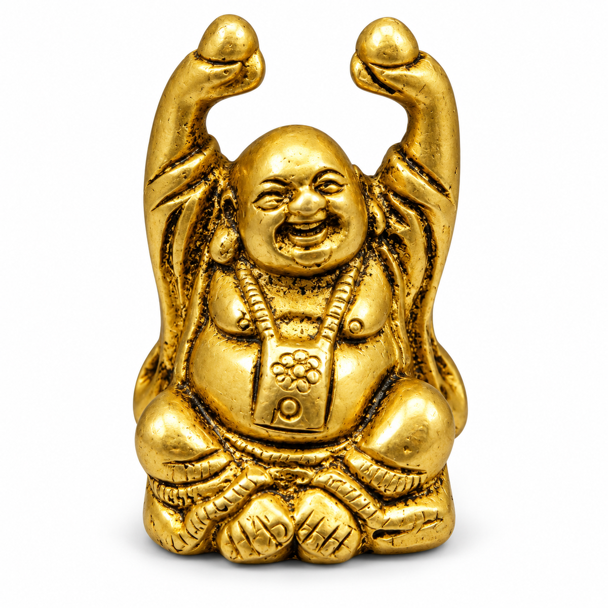 Brass Laughing Buddha Idol with Raised Hands | Golden Finish Buddha Statue for Home, Office & Gifting