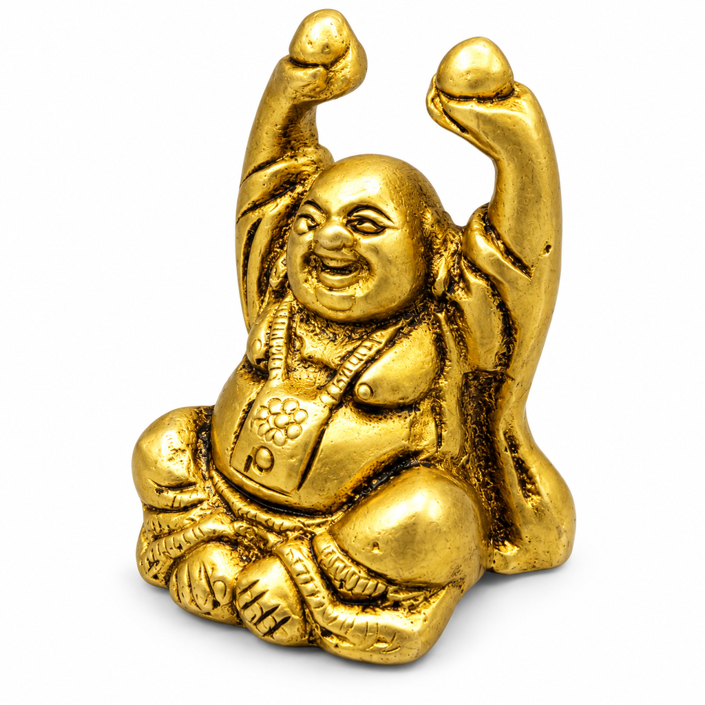 Brass Laughing Buddha Idol with Raised Hands | Golden Finish Buddha Statue for Home, Office & Gifting