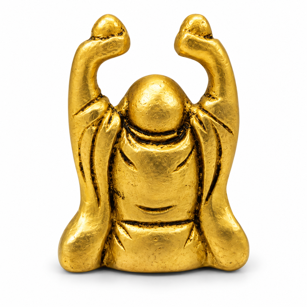 Brass Laughing Buddha Idol with Raised Hands | Golden Finish Buddha Statue for Home, Office & Gifting