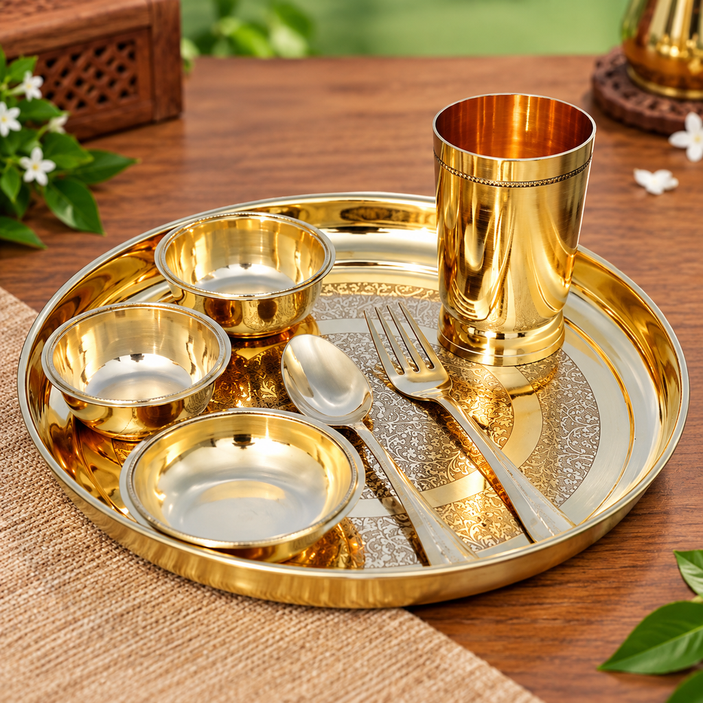Pure Brass Thali Set 7 Pcs Brass Dinner Thali Set | Traditional Brass Plate, Bowls, Glass, Spoon & Fork Set