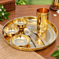 Pure Brass Thali Set 7 Pcs Brass Dinner Thali Set | Traditional Brass Plate, Bowls, Glass, Spoon & Fork Set