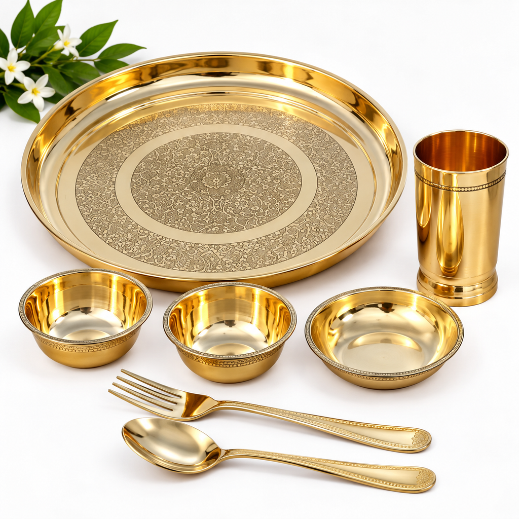 Pure Brass Thali Set 7 Pcs Brass Dinner Thali Set | Traditional Brass Plate, Bowls, Glass, Spoon & Fork Set