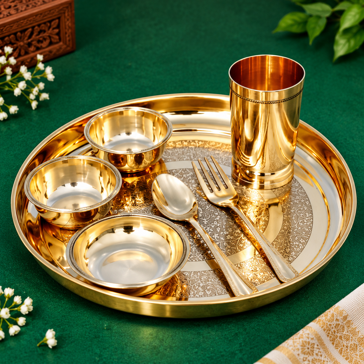 Pure Brass Thali Set 7 Pcs Brass Dinner Thali Set | Traditional Brass Plate, Bowls, Glass, Spoon & Fork Set