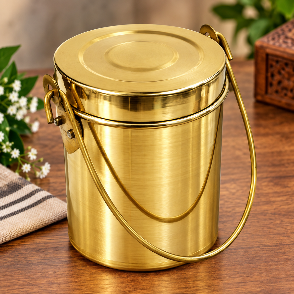 Brass Storage Container 588g Set 1 Brass Bucket with Lid & Handle | Traditional Brass Balti | Multipurpose Brass Container