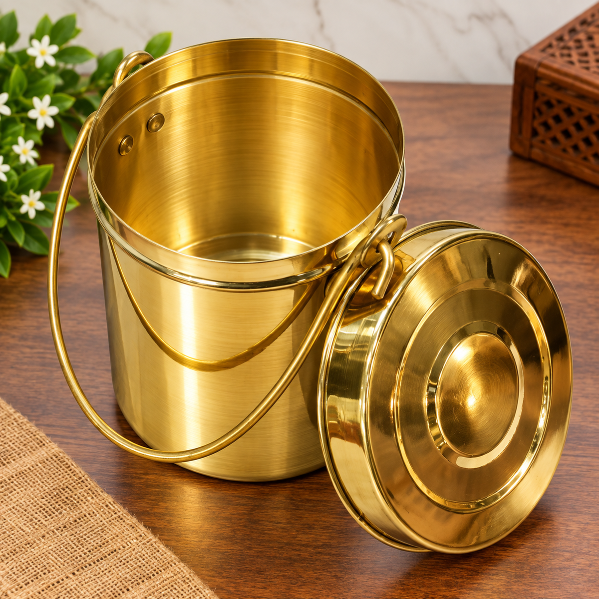 Brass Storage Container 588g Set 1 Brass Bucket with Lid & Handle | Traditional Brass Balti | Multipurpose Brass Container