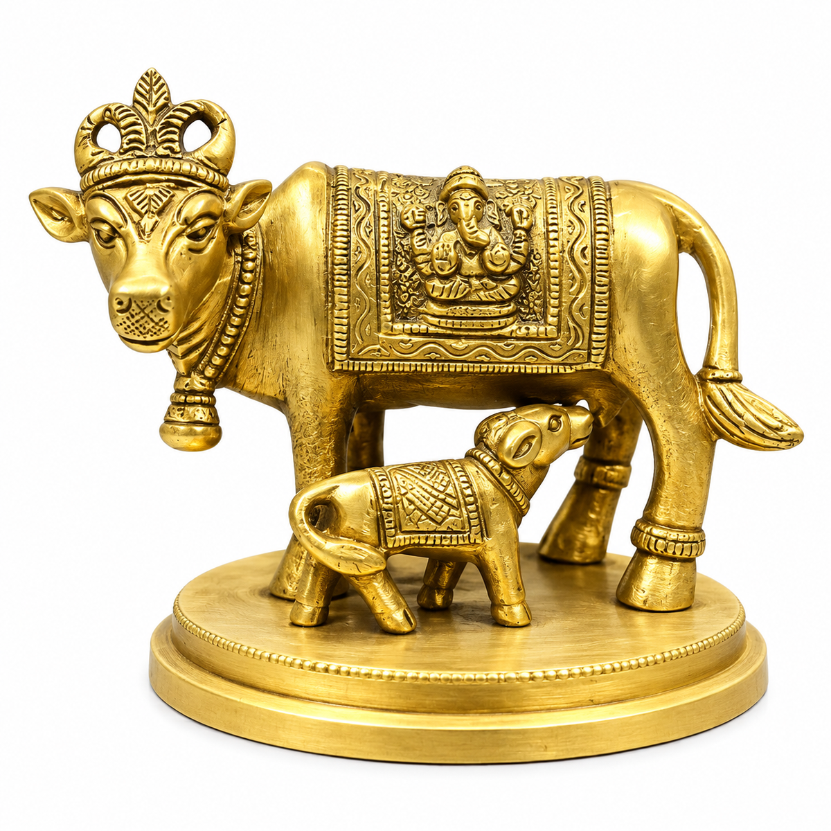 Brass Kamdhenu Cow with Calf & Lord Ganesha Idol | Decorative Pooja Statue
