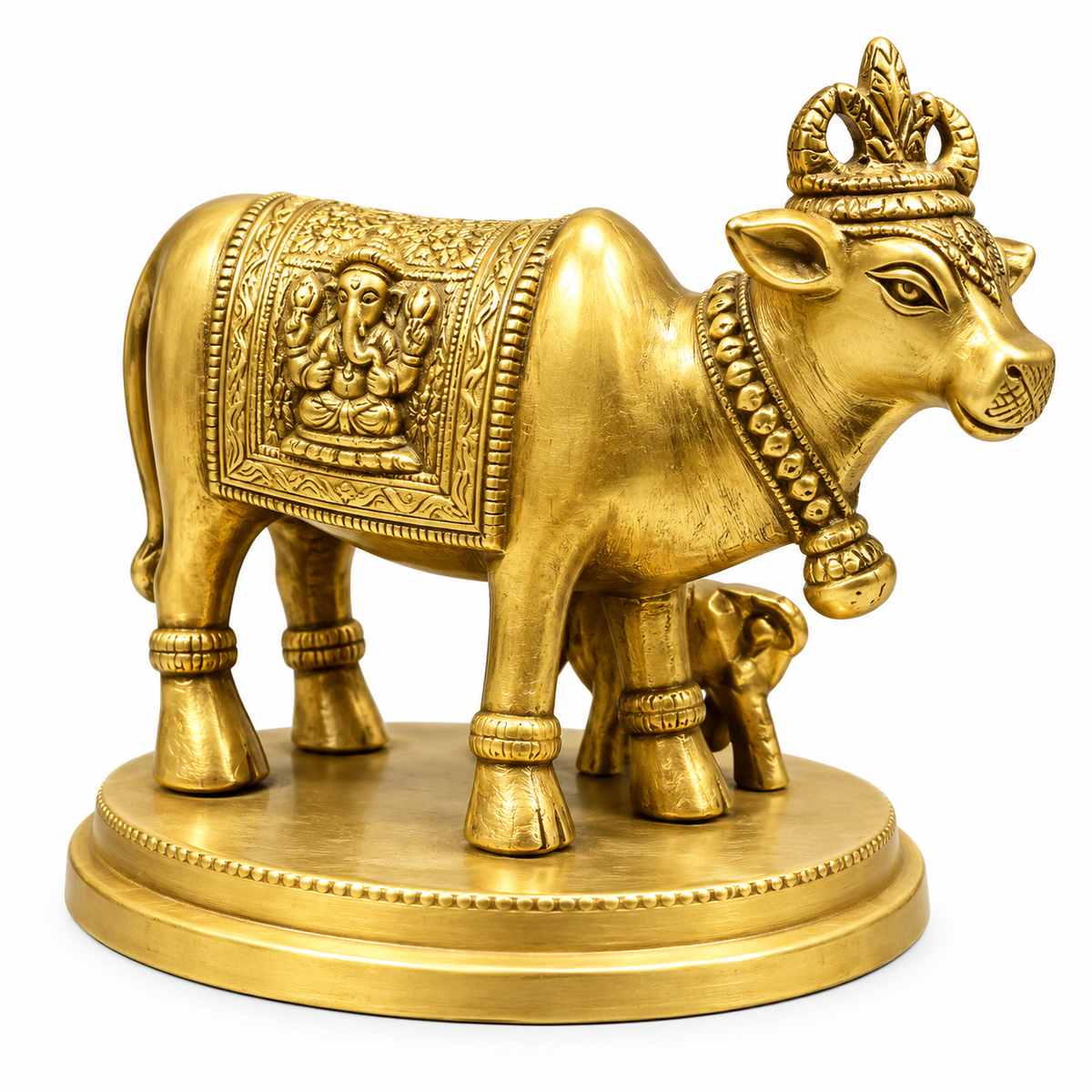 Brass Kamdhenu Cow with Calf & Lord Ganesha Idol | Decorative Pooja Statue