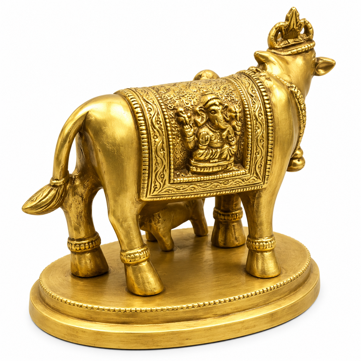 Brass Kamdhenu Cow with Calf & Lord Ganesha Idol | Decorative Pooja Statue