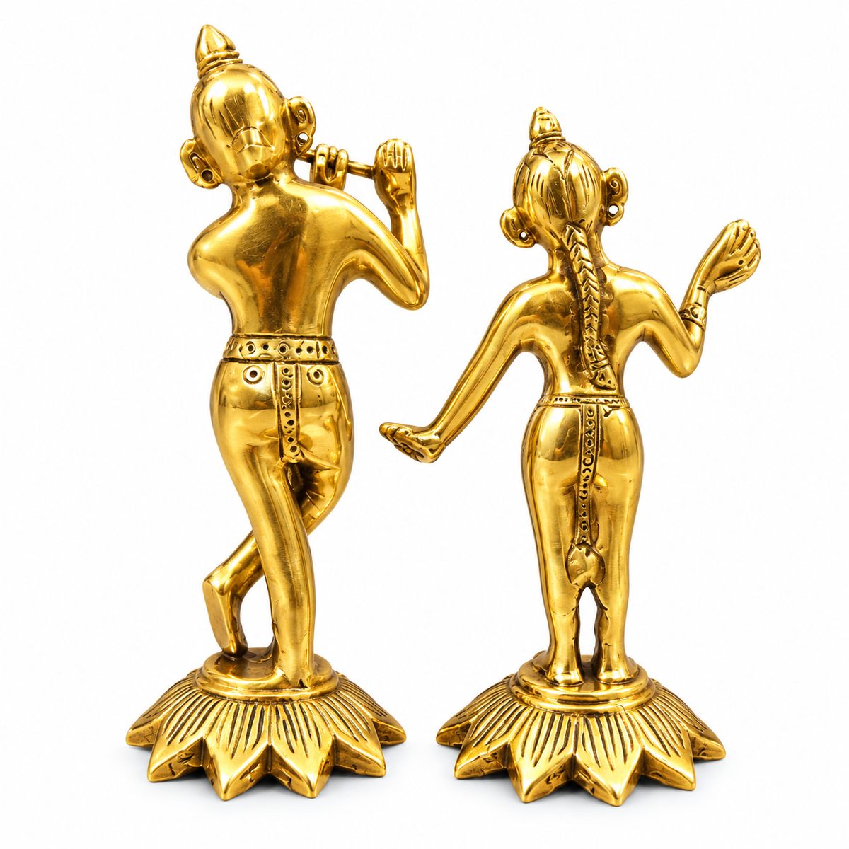 Brass Radha Krishna Standing Idol Set with Lotus Base | Krishna with Flute Decorative Murti