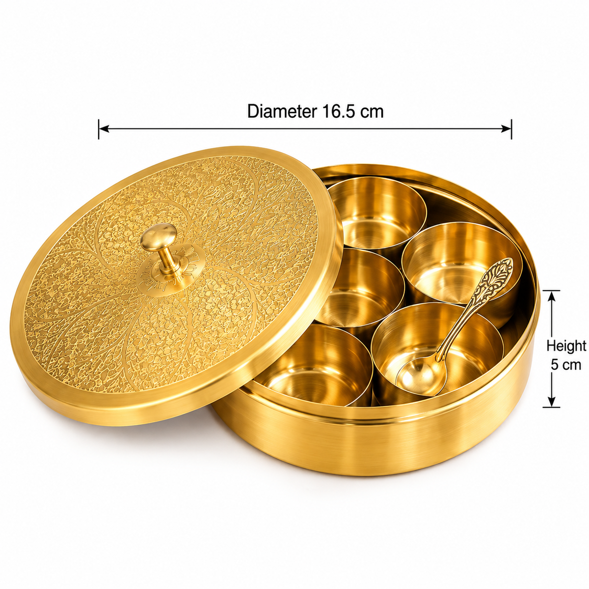 Premium Multipurpose Box Brass Masala Box with 6 Bowls, Lid & Spoon | Traditional Spice Box