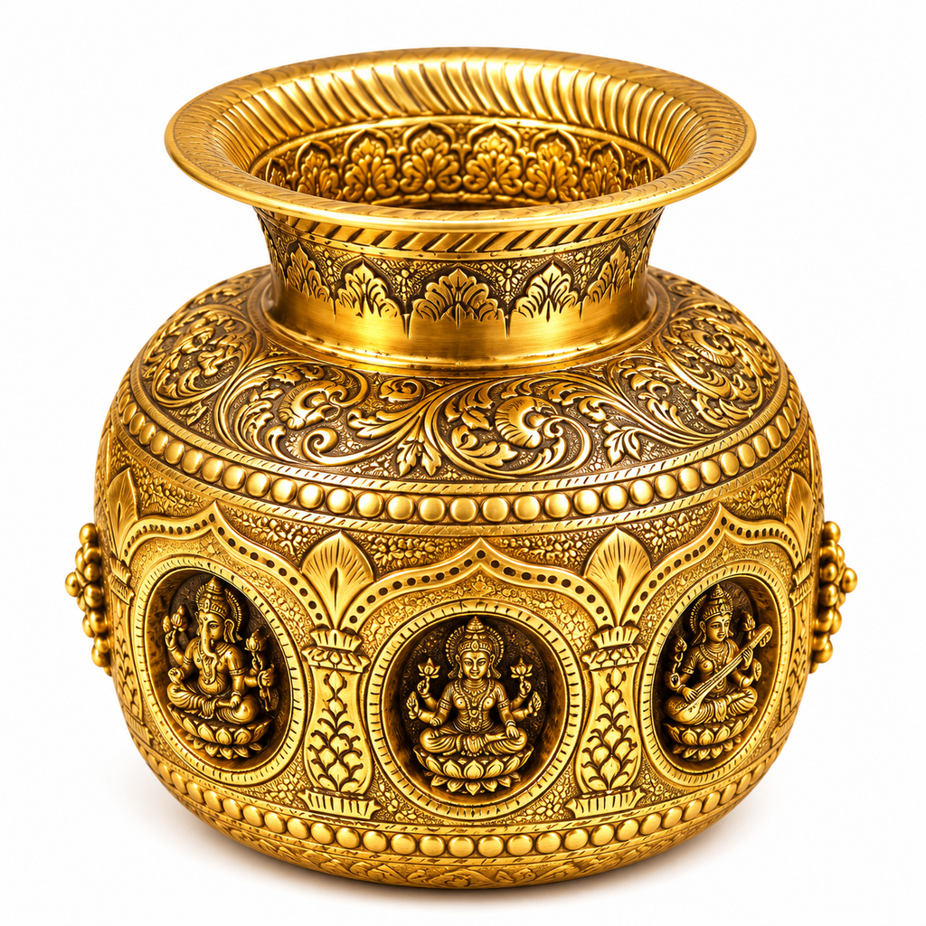 Brass Embossed Laxmi Ganesh Saraswati Kalash | Decorative Pooja Kalash